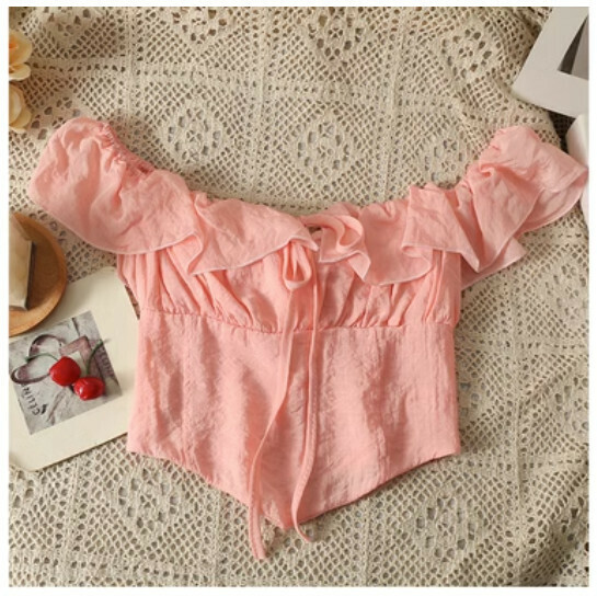 Niche Off-the-Shoulder Cropped Shirt (Pink) (One Size)