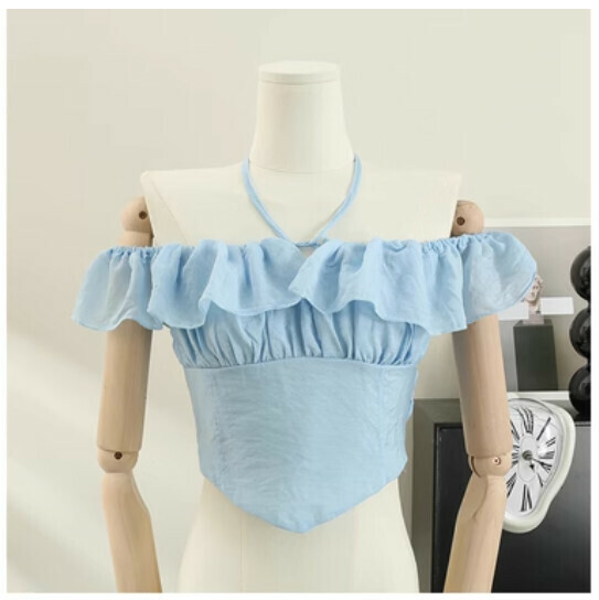 Niche Off-the-Shoulder Cropped Shirt (Blue) (One Size)