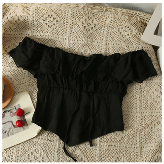 Niche Off-the-Shoulder Cropped Shirt (Black) (One Size)