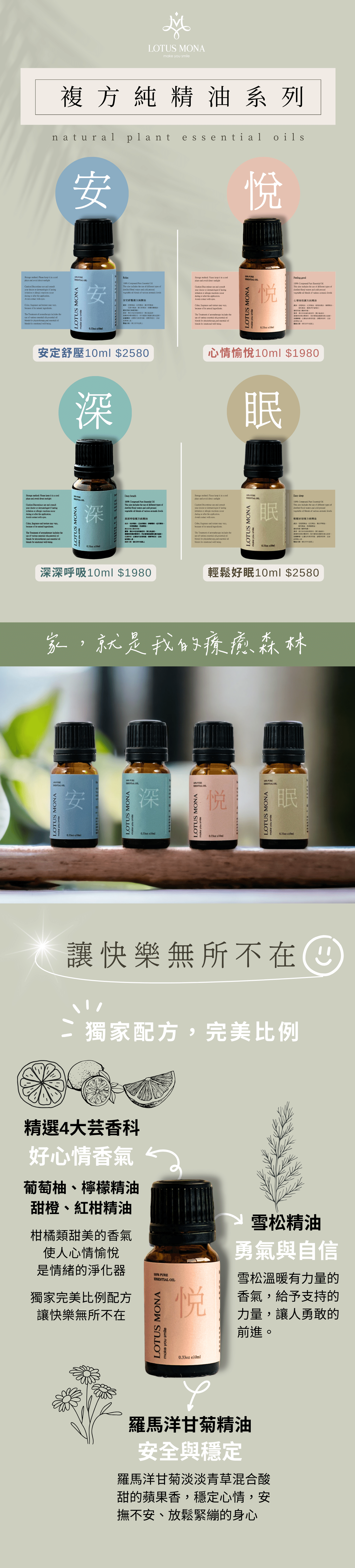 心情愉悅 讓快樂無所不在 甜橙:舒緩緊張情緒 紅柑:心情愉悅 檸檬:身心減壓 雪松:勇氣正能量 葡萄柚:情緒淨化 羅馬洋甘菊:逆境中的堅強 舒緩緊張讓你心情愉悅 能轉換長時間感到抑鬱 走出鑽牛角尖的局面 重新找回平和快樂的節奏 緩和壓力沮喪可以使人恢復精神 是季節性精神失調的調節劑