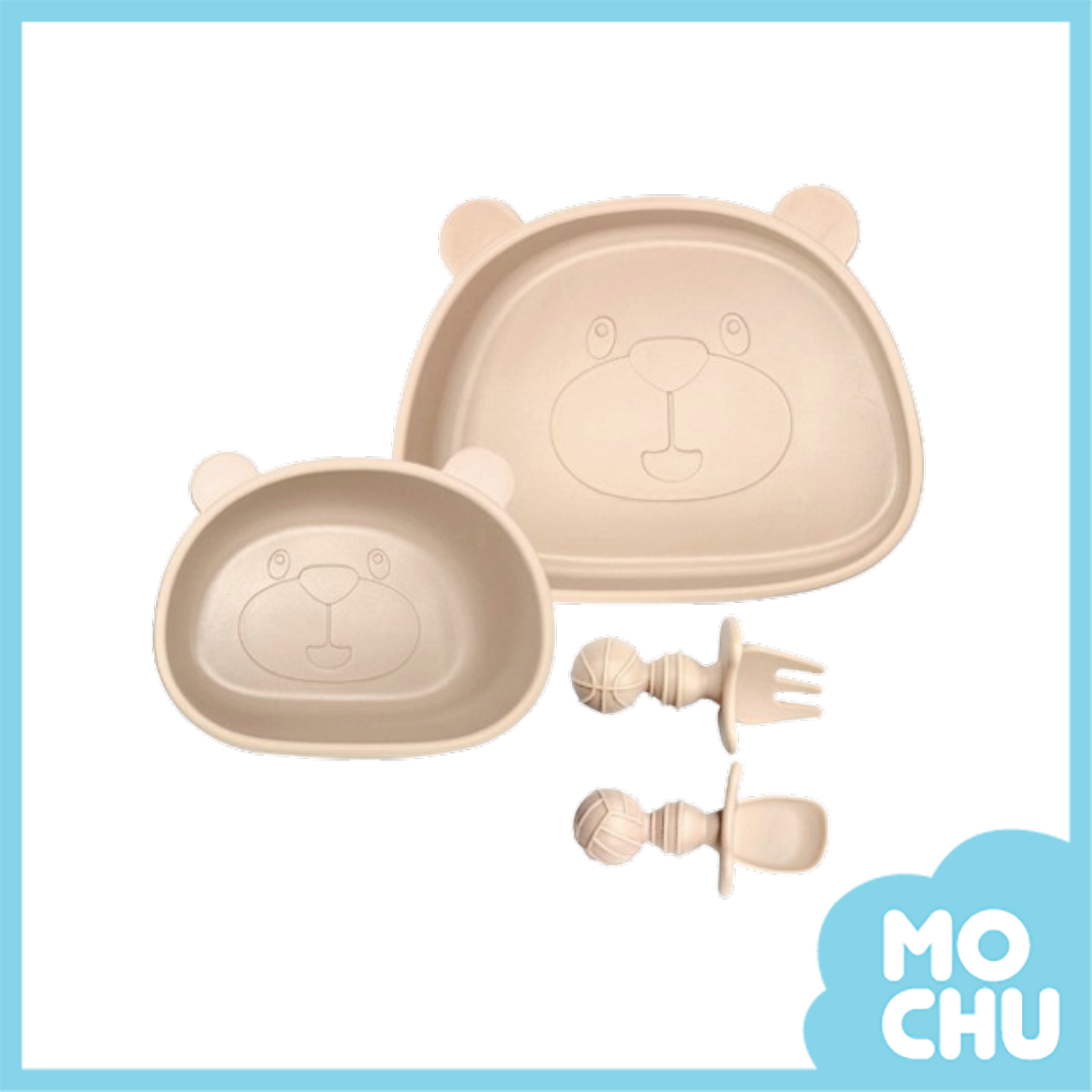 小熊矽膠吸盤餐盤碗+餐具四件組(四色)