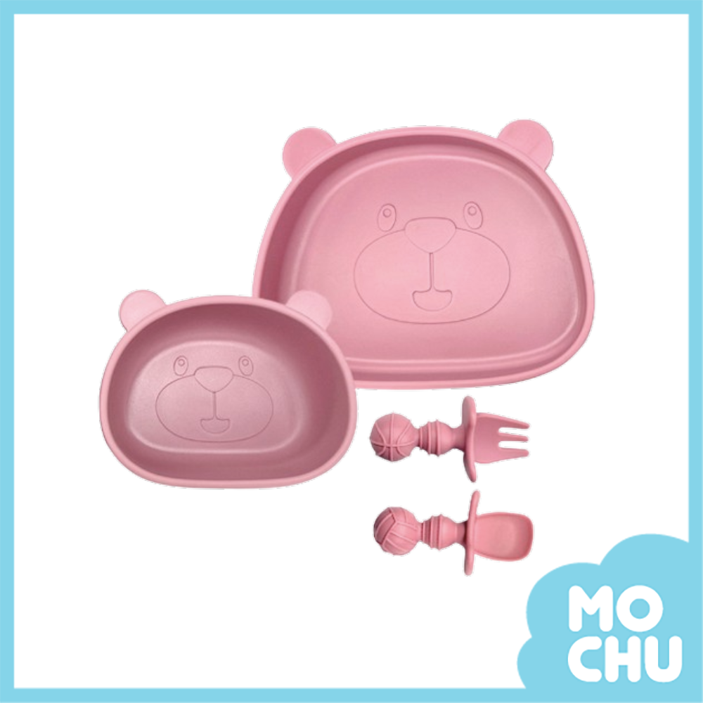 小熊矽膠吸盤餐盤碗+餐具四件組(四色)
