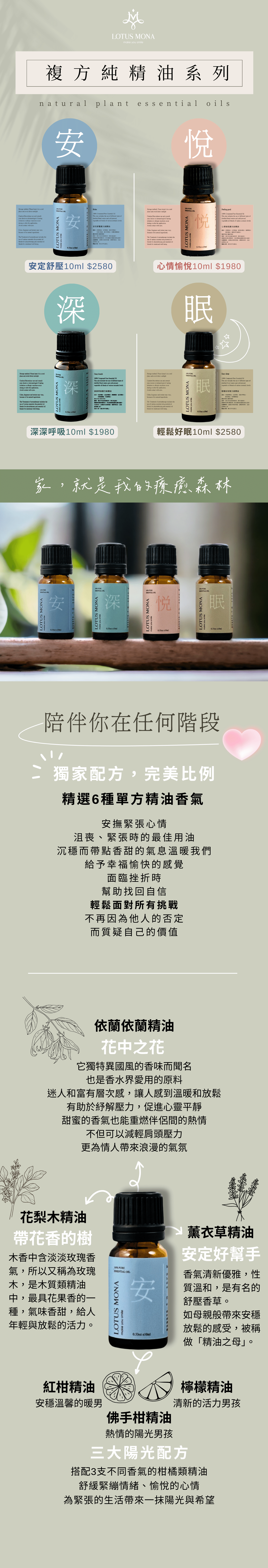 安定舒壓 輕鬆面對所有挑戰 甜橙:舒緩緊張情緒 紅柑:心情愉悅 薰衣草:鎮定安撫 佛手柑:減緩憂慮 花梨木:安眠與平衡情緒 依蘭依蘭:緩解焦慮,穩定 安撫急躁心情 提振萎靡不振的頭腦 焦慮、沮喪,神經緊張時的最佳用油 香甜的氣息溫暖我們 給予幸福愉快的感覺 面臨挫折時,幫助找回自信