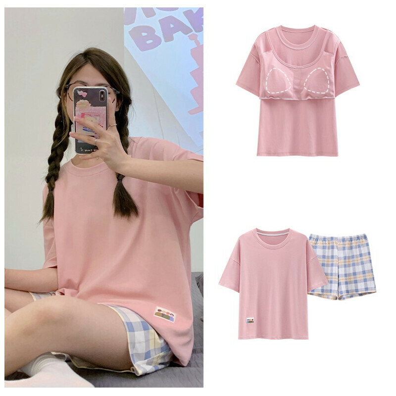 熱推帶胸墊純棉短袖睡衣套裝 【M-XXL碼 SF-6205】【下單后聯絡客服確認發貨尺碼 】