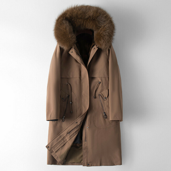 Hot selling fox fur collar long hooded jacket (M-XL size) (light brown) (contact customer service after placing the order to confirm the delivery size)