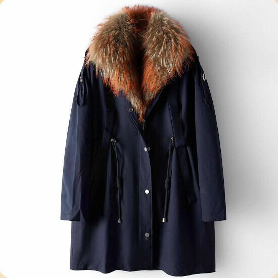 Hot selling raccoon fur collar rabbit fur liner long coat (M size) (navy blue)