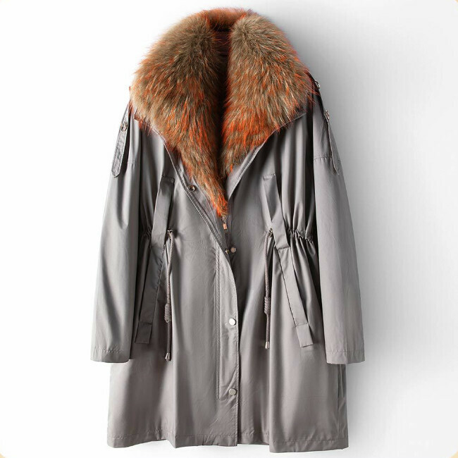Hot selling raccoon fur collar rabbit fur lined long coat (S-L size) (dark gray) (contact customer service after placing the order to confirm the delivery size)