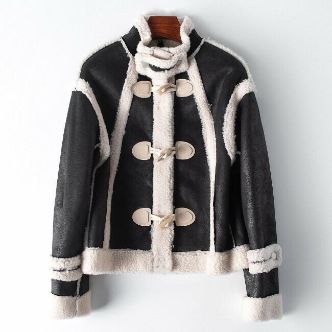 Hot selling wool short grain coat (size S-L) (black and white color matching) (contact customer service after placing the order to confirm the delivery size)