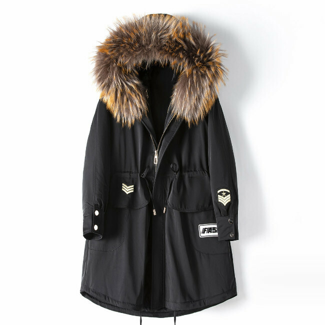 Hot selling mid-length raccoon fur collar jacket (S/L size) (black) (contact customer service after placing the order to confirm the delivery size)