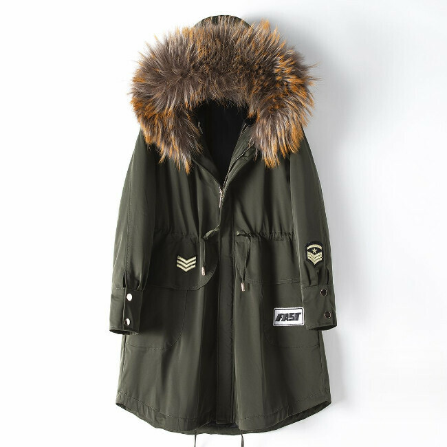 Hot selling mid-length raccoon fur collar jacket (size S-L) (dark green) (contact customer service after placing the order to confirm the delivery size)