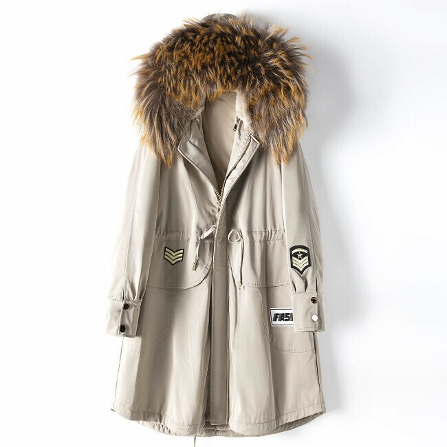Hot selling mid-length raccoon fur collar jacket (S/M size) (khaki) (contact customer service after placing the order to confirm the delivery size)