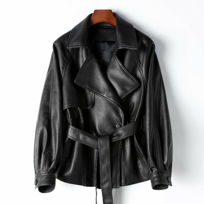 Hot selling lace-up suit collar genuine leather jacket (L/XL size) (dark green) (contact customer service after placing the order to confirm the delivery size)