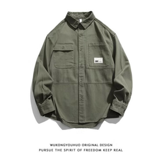 熱推工裝口袋純色長袖襯衫（綠色）【S-2XL碼】【下單後聯絡客服確認發貨尺碼】