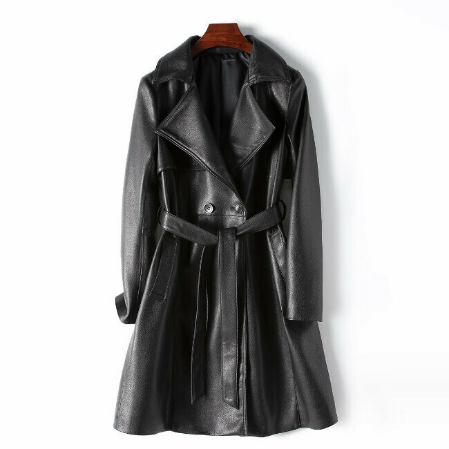 Hot selling lace-up long leather trench coat (M/L size) (black) (contact customer service after placing the order to confirm the delivery size)