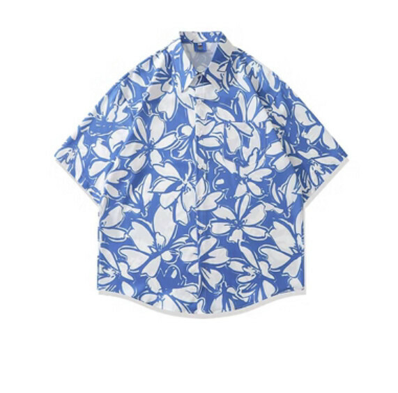 熱推夏季花卉滿印花短袖襯衫（藍色）【M-2XL碼】【下單後聯絡客服確認發貨尺碼】