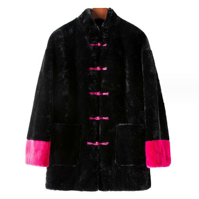 Hot selling mid-length environmentally friendly fur jacket (M-XL size) (black) (contact customer service after placing the order to confirm the delivery size)