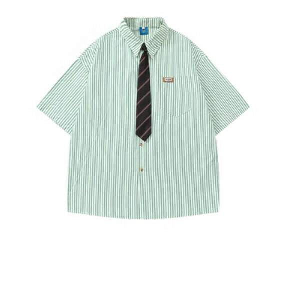 熱推夏季復古拼色條紋短袖襯衫（綠色）【M-XL碼】【下單後聯絡客服確認發貨尺碼】