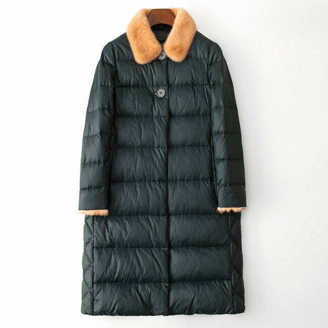熱賣水貂毛領羽絨服(M碼)(墨綠色)