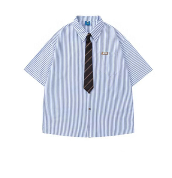 熱推夏季復古拼色條紋短袖襯衫（藍色）【M-XL碼】【下單後聯絡客服確認發貨尺碼】