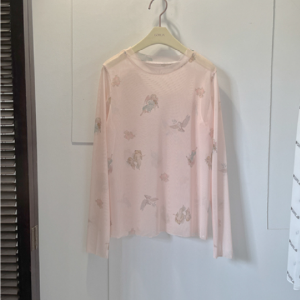 Ice Silk Sunscreen Long Sleeve Mesh T-Shirt Printed Base Layer (Foundation Angel) (One Size)