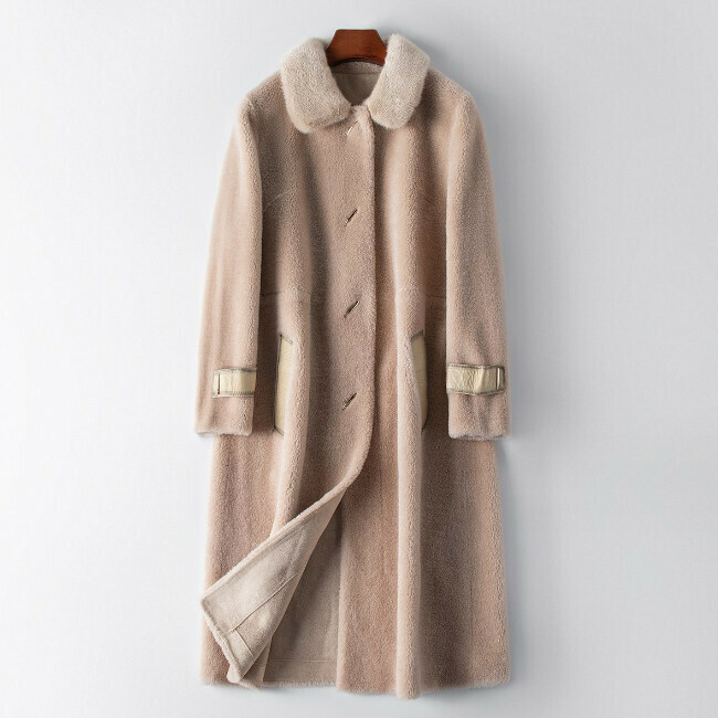 Hot selling long mink fur collar particle coat (S size) (tribute beige)