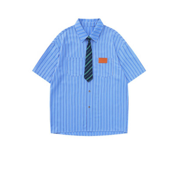 熱推豎條紋短袖襯衫（藍色）【M-2XL碼】【下單後聯絡客服確認發貨尺碼】