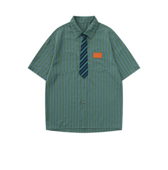 熱推豎條紋短袖襯衫（綠色）【M-2XL碼】【下單後聯絡客服確認發貨尺碼】