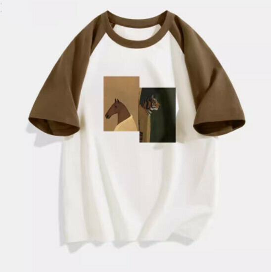 Hot selling spliced ​​short-sleeved T-shirt [Coffee color (tiger and horse)] [S-2XL size] (please contact customer service to confirm the delivery size after placing the order)