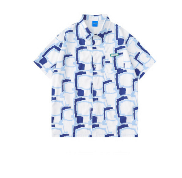熱推夏季拼色幾何格子短袖襯衫（藍色）【S-XL碼】【下單後聯絡客服確認發貨尺碼】