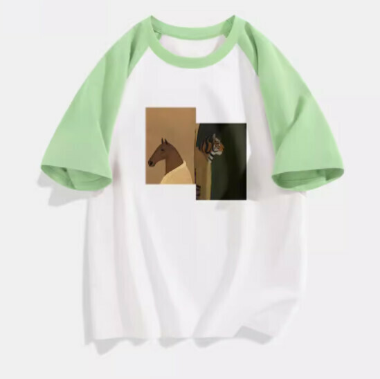 Hot selling spliced ​​short-sleeved T-shirt [Fruit Green (Tiger and Horse)] [S-2XL Size] (please contact customer service to confirm the delivery size after placing the order)