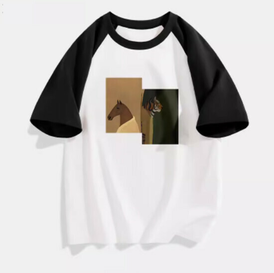 Hot selling spliced ​​short-sleeved T-shirt [Black (Tiger and Horse)] [S-2XL size] (please contact customer service to confirm the delivery size after placing the order)