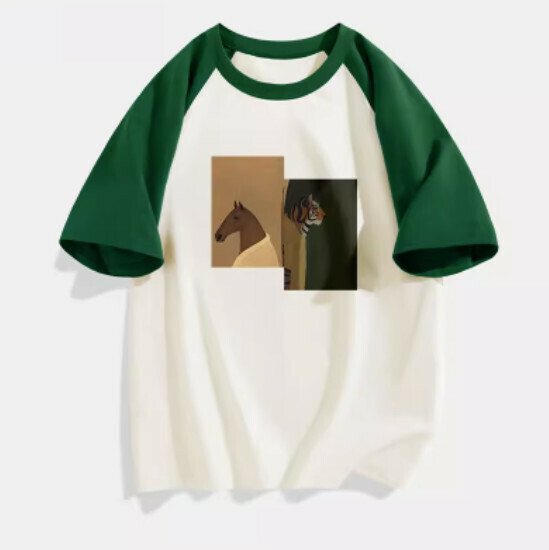 Hot selling spliced ​​short-sleeved T-shirt [Green (Tiger and Horse)] [S-2XL size] (please contact customer service to confirm the delivery size after placing the order)