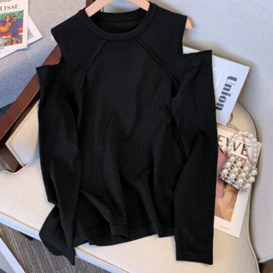 Hot selling off-shoulder knit top [black] [L-4XL size] (please contact customer service to confirm the delivery size after placing the order)