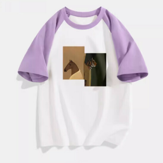 Hot selling spliced ​​short-sleeved T-shirt [Purple (Tiger and Horse)] [S-2XL size] (please contact customer service to confirm the delivery size after placing the order)