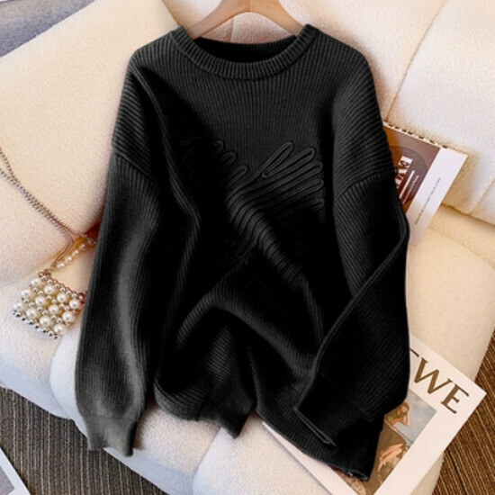 Hot selling loose long-sleeved knitted top [black] [L-4XL size] (please contact customer service to confirm the delivery size after placing the order)