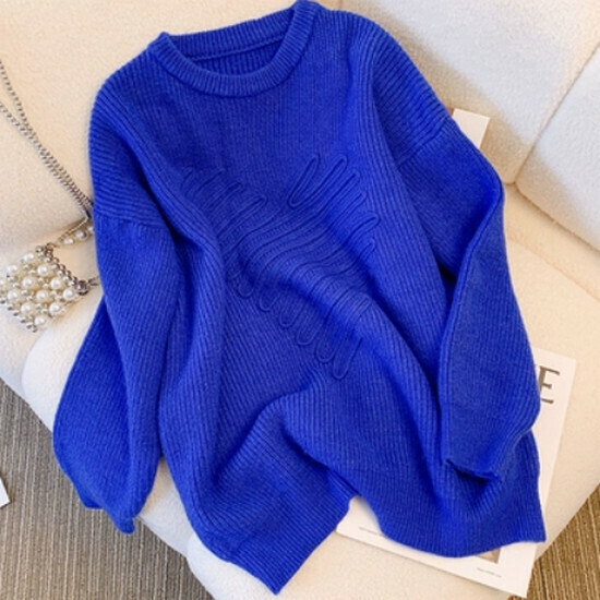 Hot selling loose long-sleeved knitted top [blue] [size L-4XL] (please contact customer service to confirm the delivery size after placing the order)