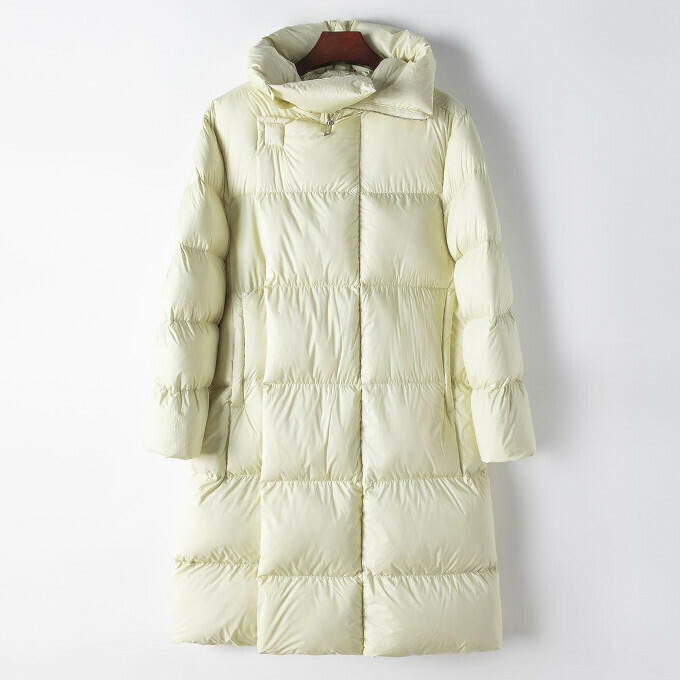 熱賣白鴨絨連帽長款羽絨服(均碼)(淺黃色)
