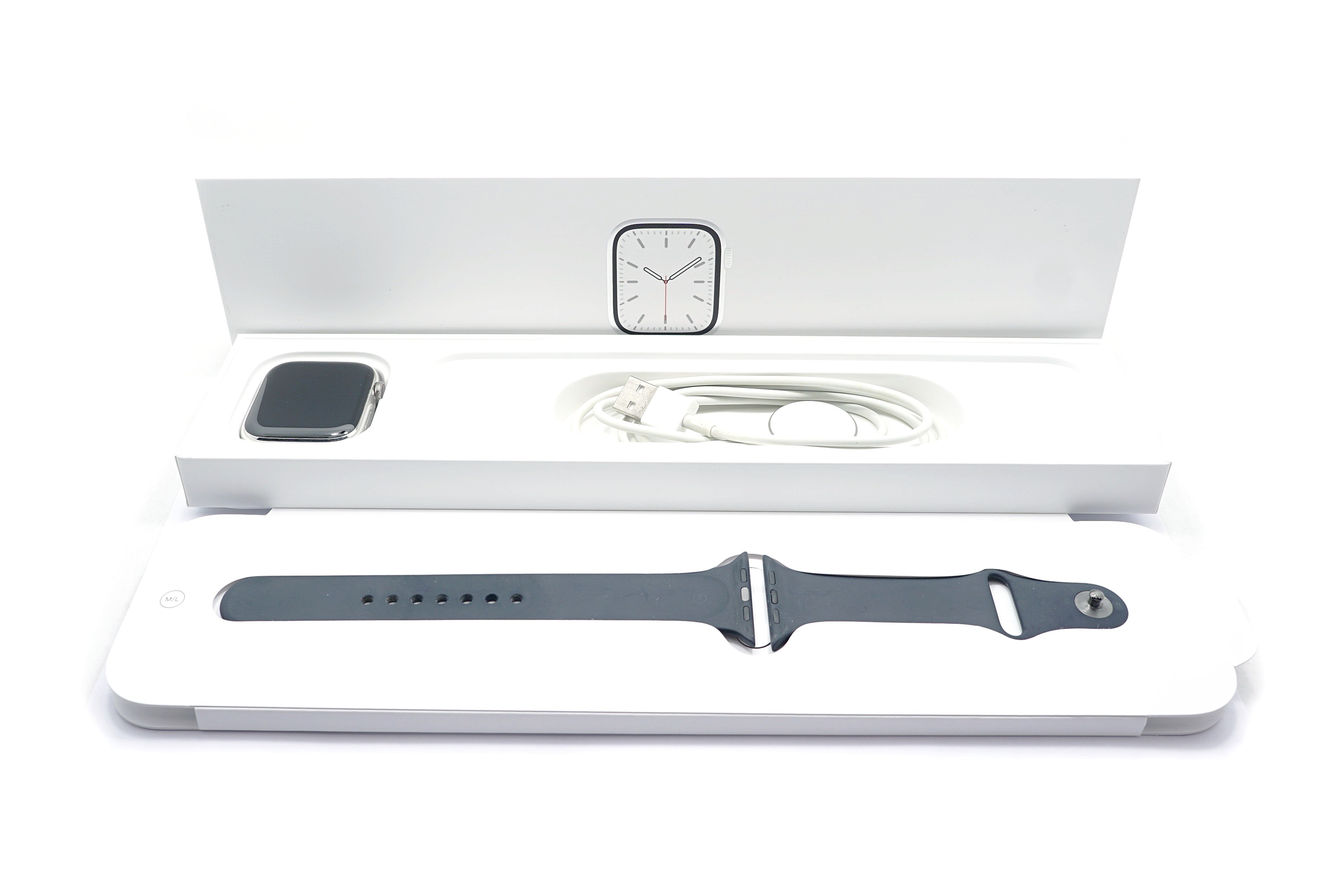 Apple Watch Series 7 45mm 銀色不鏽鋼錶框 午夜色運動錶帶 LTE #87777