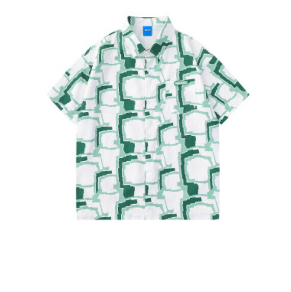 熱推夏季拼色幾何格子短袖襯衫（綠色）【S-XL碼】【下單後聯絡客服確認發貨尺碼】
