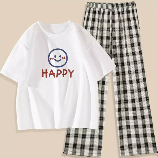 Hot Selling T-shirt Plaid Pants Two-piece Set [White (Summer Smile) + Black and White Pants] [S-2XL Size] (Please contact customer service to confirm the delivery size after placing the order)