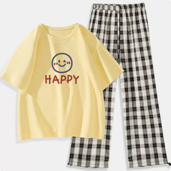 Hot Selling T-shirt Plaid Pants Two-piece Set [Goose Yellow (Summer Smile) + Black and White Pants] [S-2XL Size] (Please contact customer service to confirm the delivery size after placing the order)