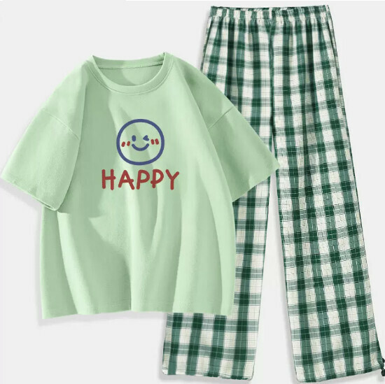 Hot selling T-shirt plaid pants two-piece set [fruit green (summer smile) + dark green pants] [S-2XL size] (please contact customer service to confirm the delivery size after placing the order)