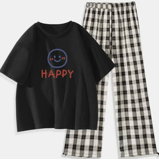 Hot Selling T-shirt Plaid Pants Two-piece Set [Black (Summer Smile) + Black and White Pants] [S-2XL Size] (Please contact customer service to confirm the delivery size after placing the order)