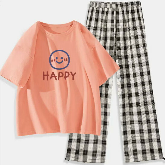 Hot selling T-shirt plaid pants two-piece set [orange pink (summer smile) + black and white pants] [S-2XL size] (please contact customer service to confirm the delivery size after placing the order)