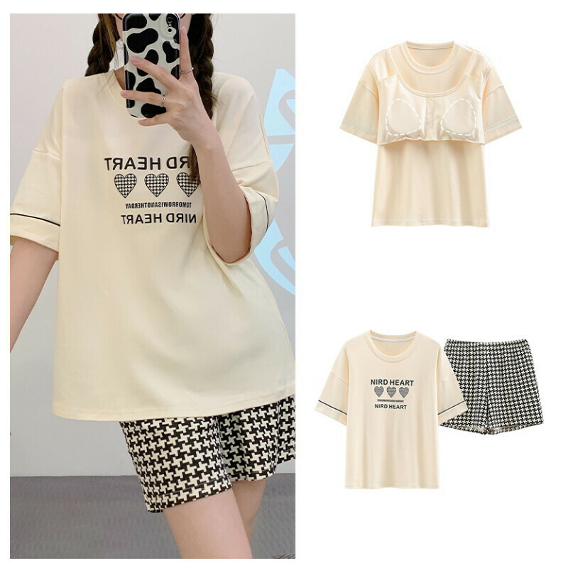 熱推帶胸墊純棉短袖睡衣套裝 【M-XXL碼 SF-6212】【下單后聯絡客服確認發貨尺碼 】
