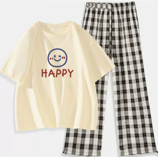 Hot Selling T-shirt Plaid Pants Two-piece Set [Milk White (Summer Smile) + Black and White Pants] [S-2XL Size] (Please contact customer service to confirm the delivery size after placing the order)