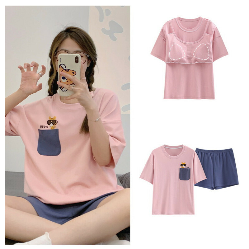 熱推帶胸墊純棉短袖睡衣套裝 【M-XXL碼 SF-6213】【下單后聯絡客服確認發貨尺碼 】