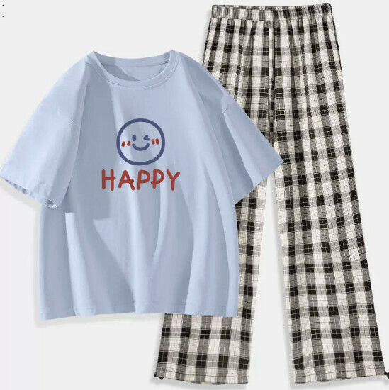 Hot Selling T-shirt Plaid Pants Two-piece Set [Light Blue (Summer Smile) + Black and White Pants] [S-2XL Size] (Please contact customer service to confirm the delivery size after placing the order)