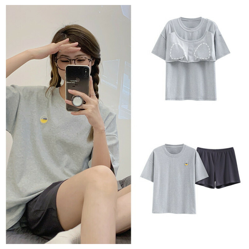 熱推帶胸墊純棉短袖睡衣套裝 【M-XXL碼 SF-6214】【下單后聯絡客服確認發貨尺碼 】