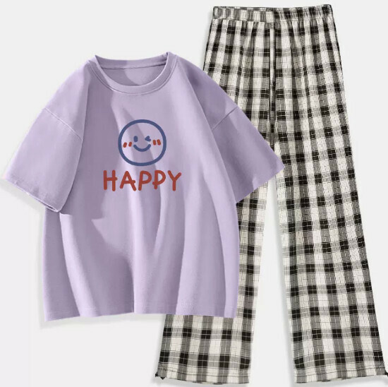 Hot Selling T-shirt Plaid Pants Two-piece Set [Taro Purple (Summer Smile) + Black and White Pants] [S-2XL Size] (Please contact customer service to confirm the delivery size after placing the order)